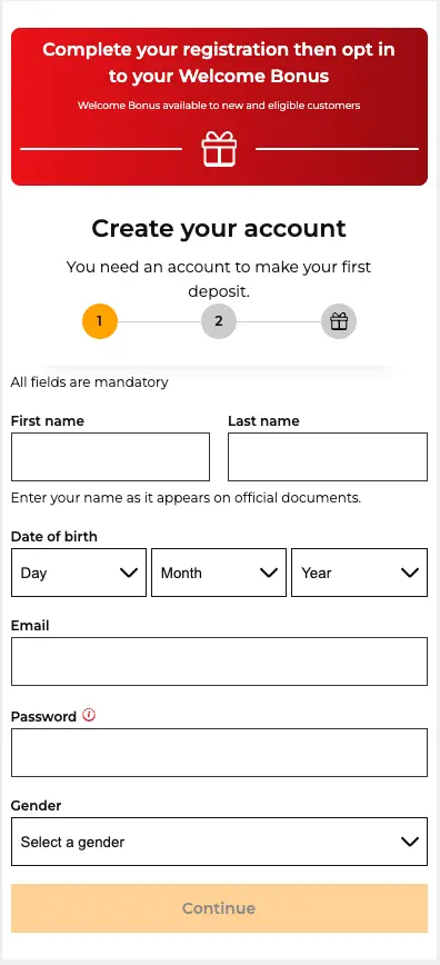32RED Registration form