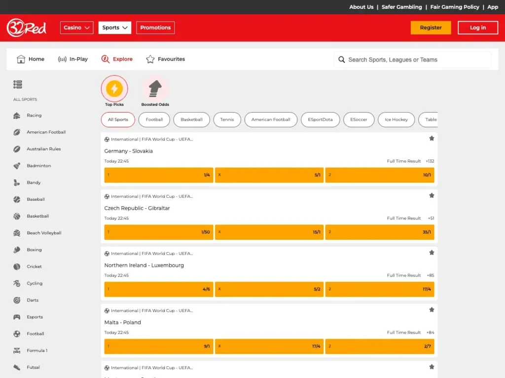 32red sports odds list